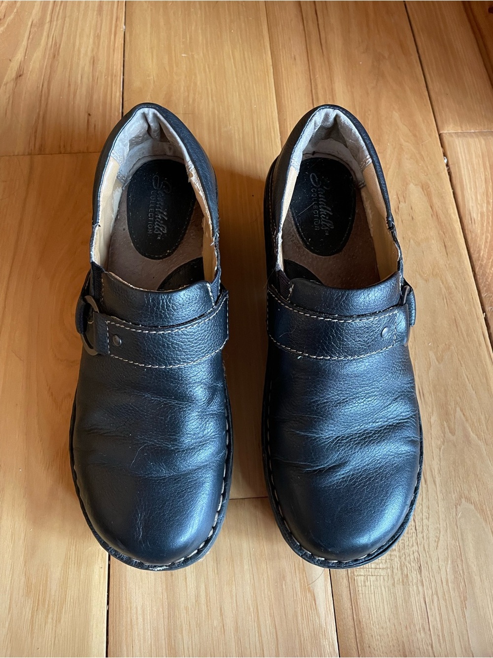 Cabela's Black Leather Slip-On Clogs with Buckle Strap